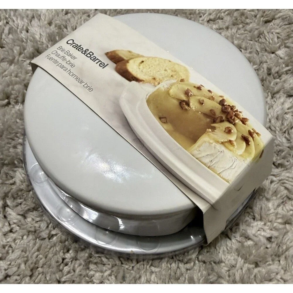 Crate & Barrel Brie Cheese Baking Dish Server Keeper White Stoneware NEW